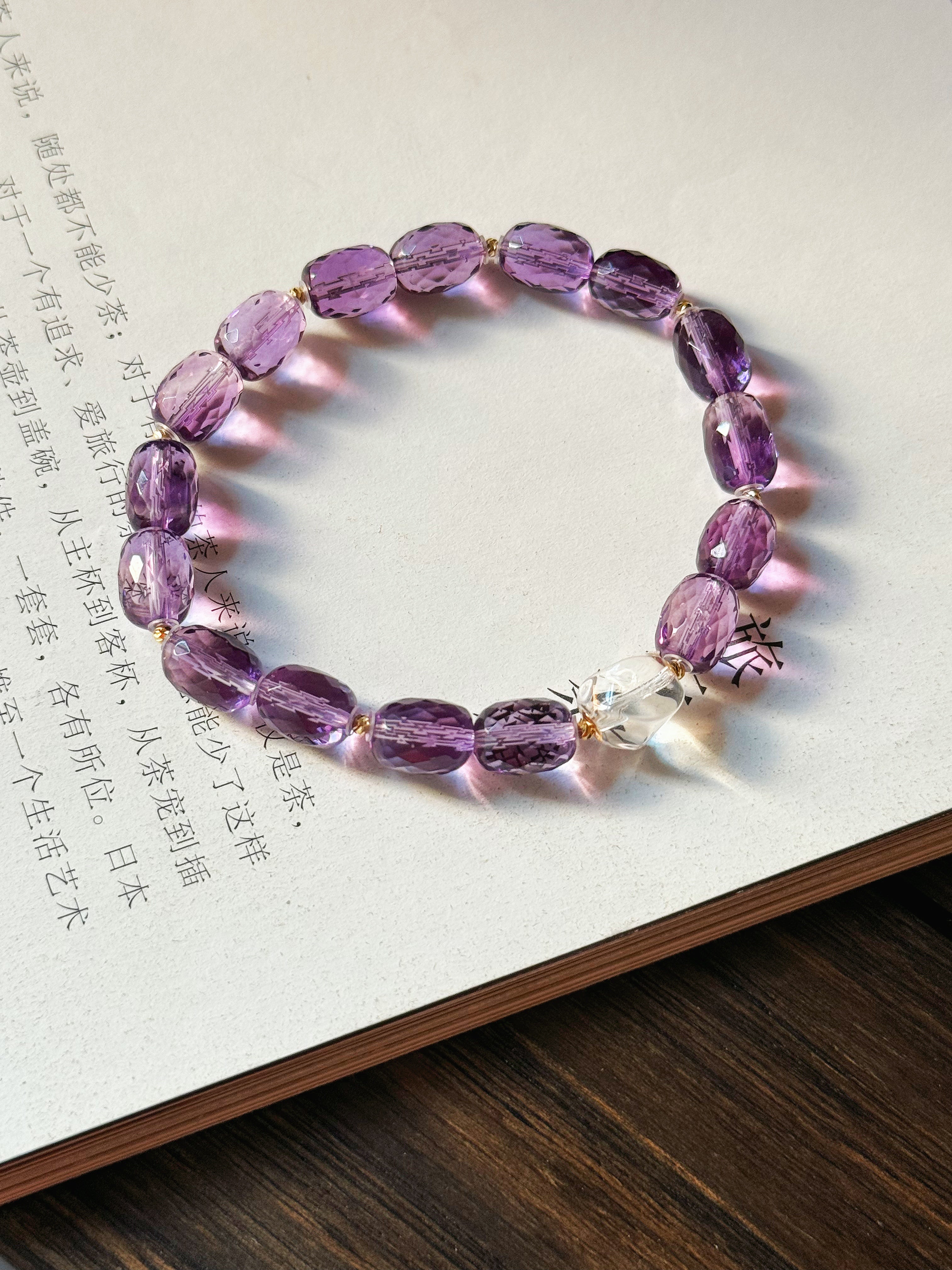 Natural amethyst faceted barrel beads 18k inlaid white crystal design bracelet by Siaoman