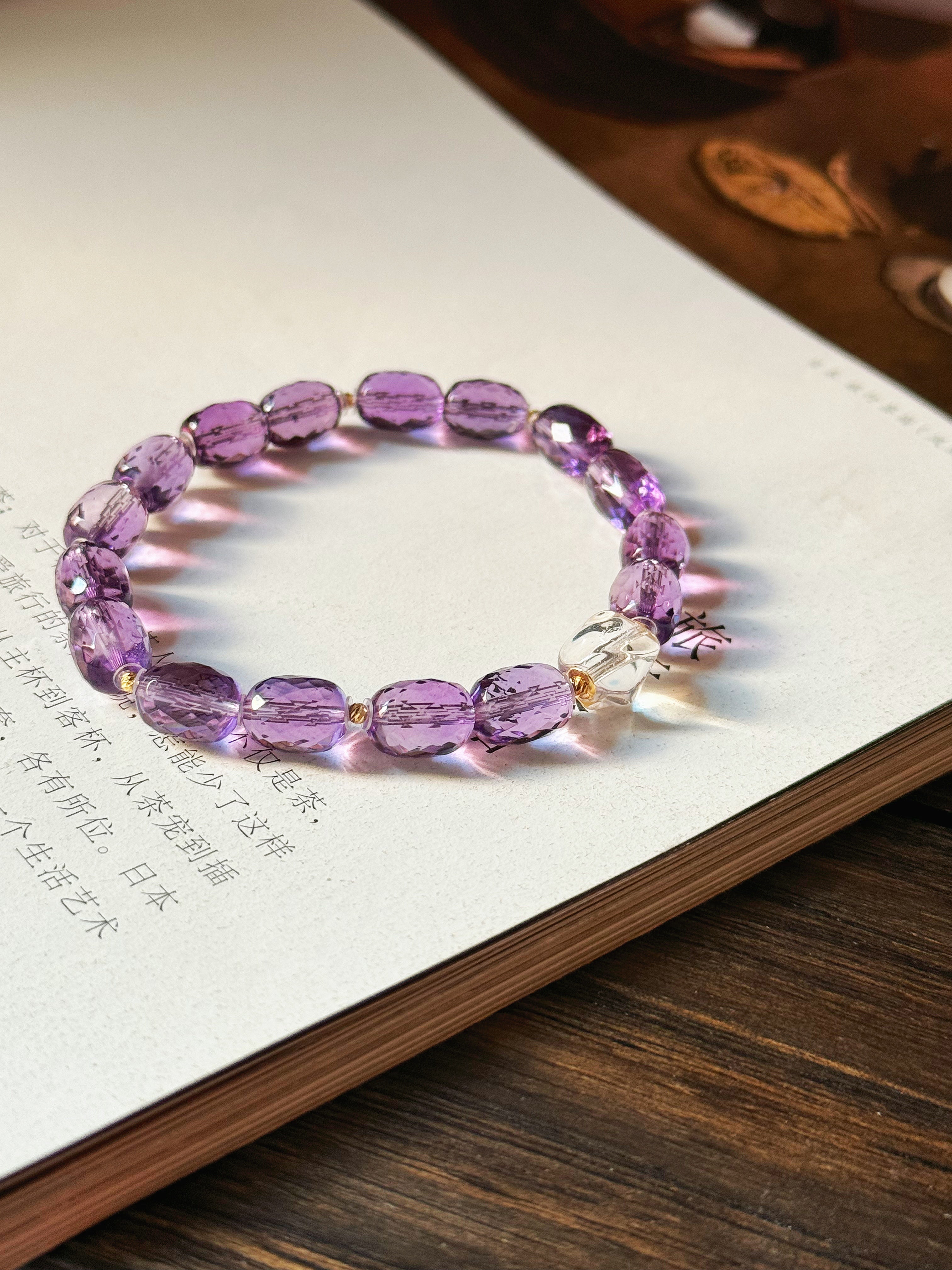 Natural amethyst faceted barrel beads 18k inlaid white crystal design bracelet by Siaoman