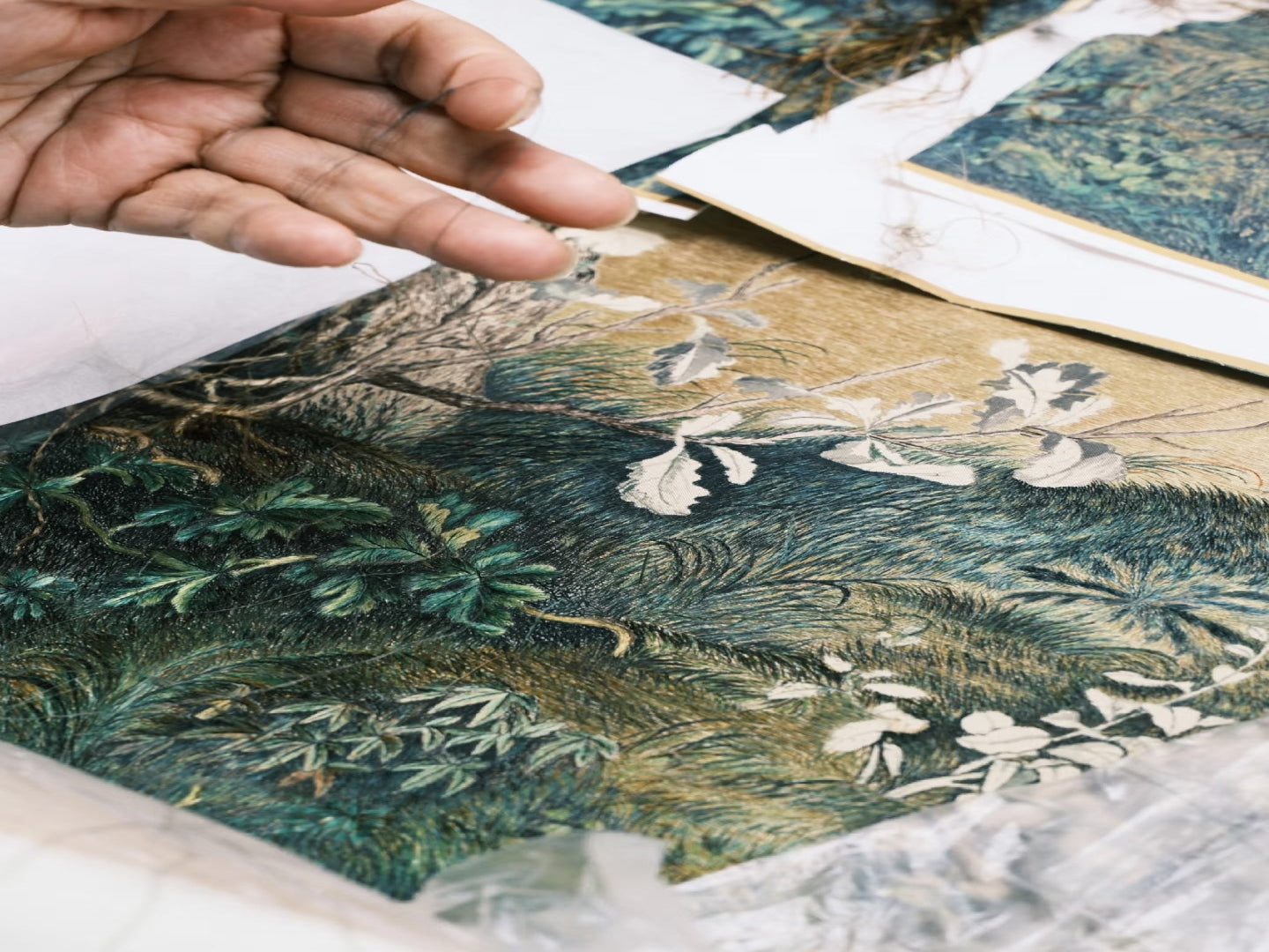 Close-up of a hand holding a piece of detailed botanical illustration paper.