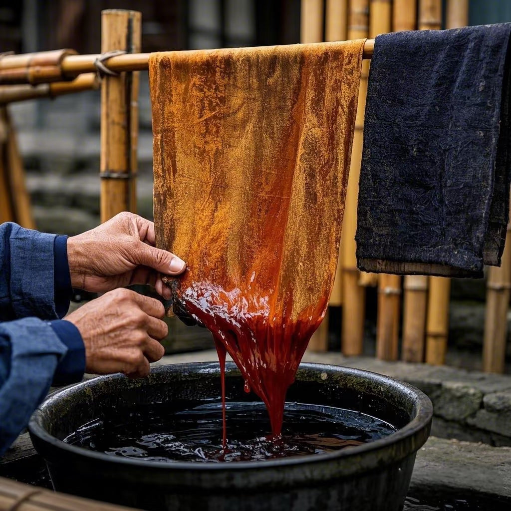 Person pouring red dye into a black pot with fabric hanging nearby.