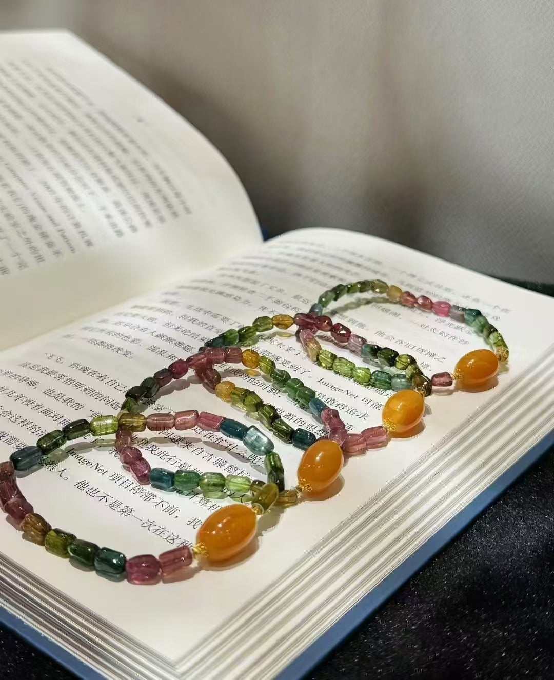 Tourmaline candy color 18K gold lotus spacer beeswax bracelet by Siaoman