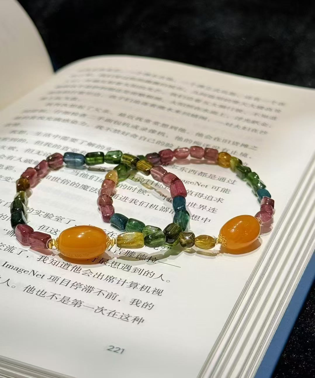 Tourmaline candy color 18K gold lotus spacer beeswax bracelet by Siaoman